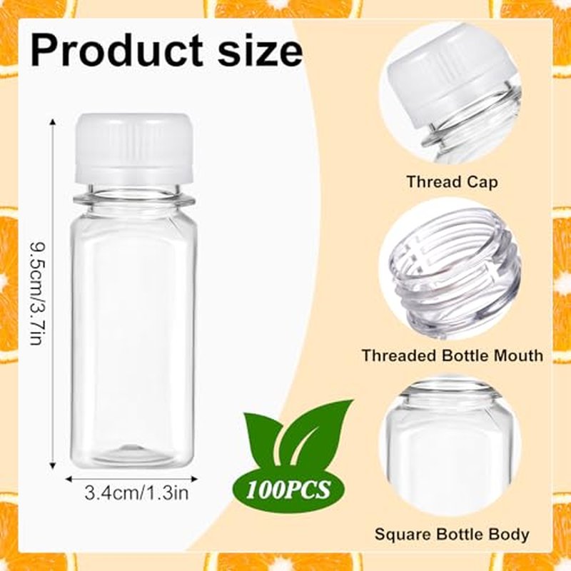 100 Pack 2 oz Small Plastic Shot Bottles with Caps Ginger Shots Bottles for Liquids, Reusable Clear Juice Containers with Scale, Funnels, Stickers for Ginger, Liquids, Beverages