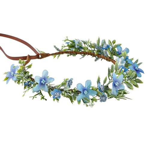 Handmade Blue Flower Crown Flower Wreath for Women Girls Headband Bridal Headpiece Hair Accessories Halo Headdress for Weeding Party Festival Birthday