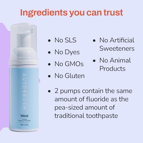 autobrush Fluoride Foaming Toothpaste for Adults, Mint Flavor, Whitening & Deep Cleaning, Travel Friendly, Anti-Cavity (Pack of 3)