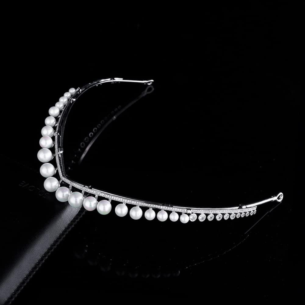 QXMYOO Fairy Pearl Tiara for Women Cubic Zirconia Simple Crystal Princess Crown Pearls Wedding Headband Prom Party Quinceanera Birthday Headpieces Bridal Hair Accessories HB122