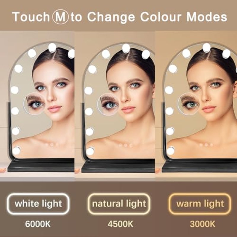Hollywood-Style Vanity Mirror Makeup Mirrors with Lights, 13" x 17.3", 13 Dimmable Bulbs, 3 Color Modes, 360¡Æ Rotation, Touch Control & Memory Function, 10X Magnifier (Painted Black)