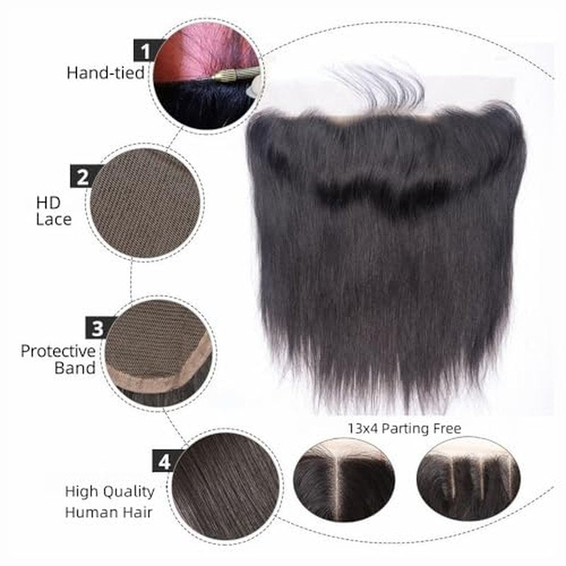 HD Skinlike 13x4 Human Hair Lace Frontal Only Pre-plucked Straight Invisible Swiss Lace Front Skin Melt Frontals with Baby Hair Thin Natural Black Hair(13 * 4 NC Straight)
