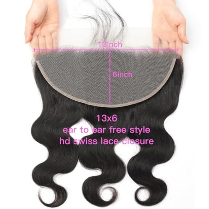 13x6 Lace Frontal Human Hair Closure Body Wave HD Transparent 13x6 Ear to Ear Frontal Closure With Baby Hair Free Part 100% Virgin Human Hair Natural Hairline 18inch