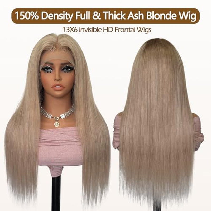 Ash Blonde Wig Human Hair 13x6 Transparent Lace Front Wigs Human Hair 180% Density Ash Blonde Straight Lace Front Wigs for Black Women Pre Plucked Colored HD Lace Frontal Wig 22 Inch