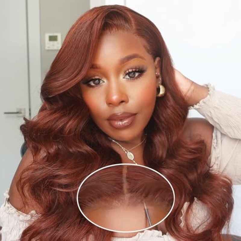 Reddish Brown 26 Inch Body Wave Glueless Wig Human Hair Pre Plucked Pre Cut 6X4 HD Lace Body Wave Put on Wigs Human Hair #33 180% Density 3 Seconds to Wear Easy Glueless Wigs for Beginners