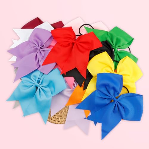Blue Cheer Bows Set - 8 Inch Hair Bows for Cheerleaders, Ponytail Holders, Ribbons, Softball Hair Ties, and Cheer Accessories