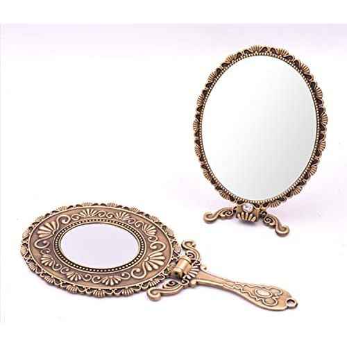 SEHAMANO Vintage Double Sided Handheld Makeup Metal Mirror/Folding Handle/Stand Travel Mirror/Back Sided Magnification/Folding Type Mirror (Matt Gold (Brass))