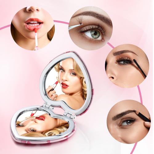Chunful 6 Pcs Coquette Pink Bow Party Favors for Girls Heart Shaped Compact Mirror Bulk 1x/2x Magnifying Portable Makeup Double Sided Travel Mirror Preppy Back to School Gifts
