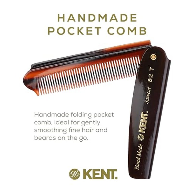 Kent 82T Handmade Folding Pocket Comb for Men, Fine Tooth Hair Comb Straightener for Everyday Grooming Styling Hair, Beard or Mustache, Use Dry or with Balms, Saw Cut Hand Polished, Made in England