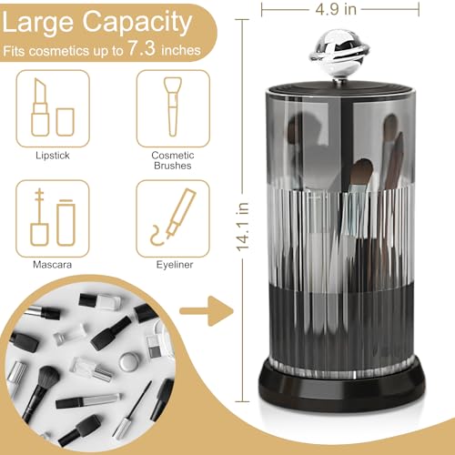 Makeup Brush Holder with Lid,One Touch Open 4 Slot Makeup Brush Case with Waterproof Dustproof, 360 Rotating Makeup Organizer for Vanity Desktop Counterto Bathroom (Black)