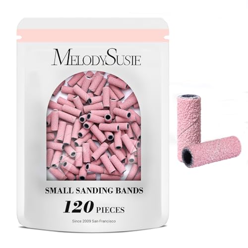 MelodySusie 120 Pcs Nail Drill Bits Small Sanding Bands for 3.1mm Mandrel Bit, 180 Fine Grit Nail File for Acrylic Nails Gel Manicures and Pedicure, Pink (Only Sanding Bands)