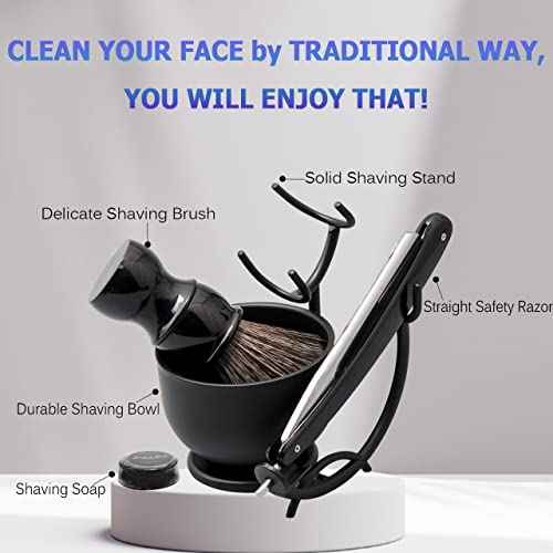 Luxury Men's Shaving Kit Gift Set, DanNuo Barber Straight Razor with Stand Shaving Brush Dual-Layer Leather Razor Strop Bowl Soap 6pcs Shaving Set for Men