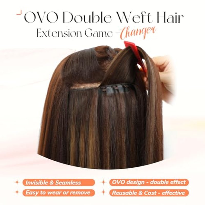 OVO Double PU Weft Hair Extensions Human Hair Ombre Brown Highlight Seamless Invisible Weave,Beaded Flat Weft Extensions, Soft & Natural Real Human Hair Extensions