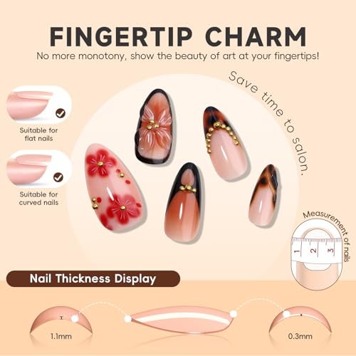 Medium Almond 3D Brown Gold Flower Press on Nails-? Tortoiseshell Leopard French Tip Blossom Gradient Design,24Pcs Handmade Fall/Autumn/New Year Glue on Acrylic Fake Nail Press ons for Women