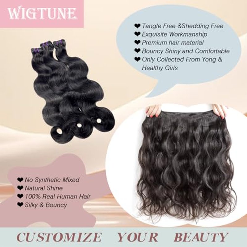 16A Raw Body Wave Human Hair Bundles 14 16 18 Inch Brazilian Virgin 100% Unprocessed 3 Bundles Human Hair Hight Quality Hair for Black Women Natural Color