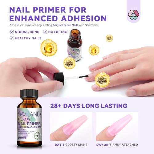 SAVILAND Acrylic Nail Kit: Keratin Acrylic Powder with Castor Oil Vitamin E Nail Primer Nail Glue French Tips Pink Rhinestones Complete Tools Everything for Beginners DIY Home Salon Christmas Gift
