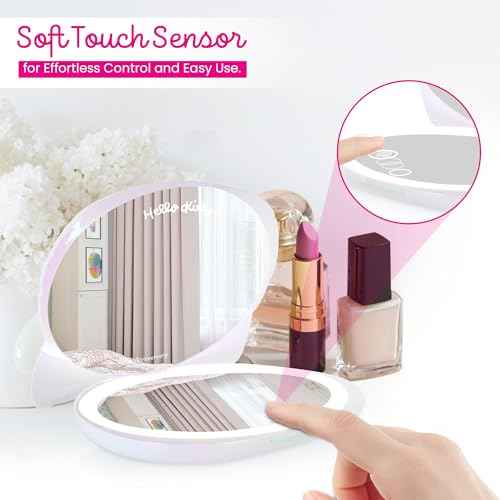 Impressions Vanity Hello Kitty Kawaii Lighted Compact Mirror for Purses, Double Sided Travel Makeup Mirror with 2X Magnification, Adjustable LED Lighting and Soft Touch Switch (Iridescent)