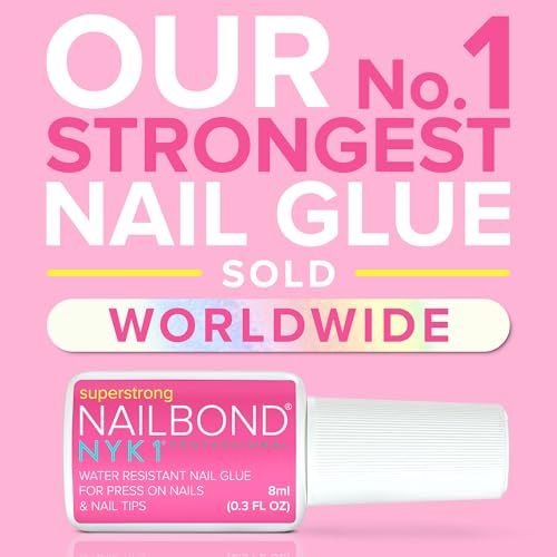 Super Strong Nail Glue for Press On Nails, Nail Tips & Acrylic Fake Nails (8ml) NYK1 NailBond Brush On Glue for Press Ons, Tips & Acrylics - Long Lasting, Maximum Strength, Mess-Free Application