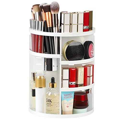 Syntus 360 Rotating Makeup Organizer, DIY Adjustable Bathroom Makeup Carousel Spinning Holder Rack, Large Capacity Cosmetics Storage Box Vanity Shelf Countertop, Fits Makeup Brushes, Lipsticks, White