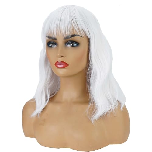 andromeda White Wavy Wig with Bangs Soft Short Bob Wigs for Women Synthetic Shoulder Length Women's Wig for Halloween Costumes Cosplay Daily (White)