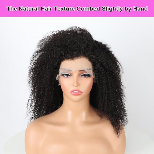 13x6 Lace Front Wigs Human Hair Curly Afro Wig Human Hair Afro Kinky Curly Transparent Lace Frontal Wigs Human Pre Plucked Knots Bleached 200% Density Natural Black 18 Inch