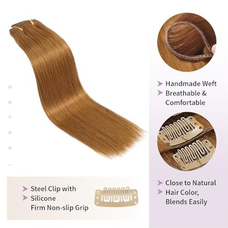 Remy Hair Extensions clip ins Hair Etensions for Women #30 Light GInger Brown Double Weft Natural Hair Extensions Straight 8Pcs Soft and Thick 24inch 110g