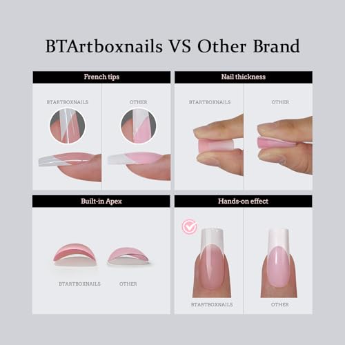 BTArtboxnails XCOATTIPS French Tip Nails - Short Press On Nails, 160 Pcs Pink Square Soft Gel Nail Tips Pre-applied Tip Primer & Base Coat, No Need File False Nails for Gift, 16 Sizes