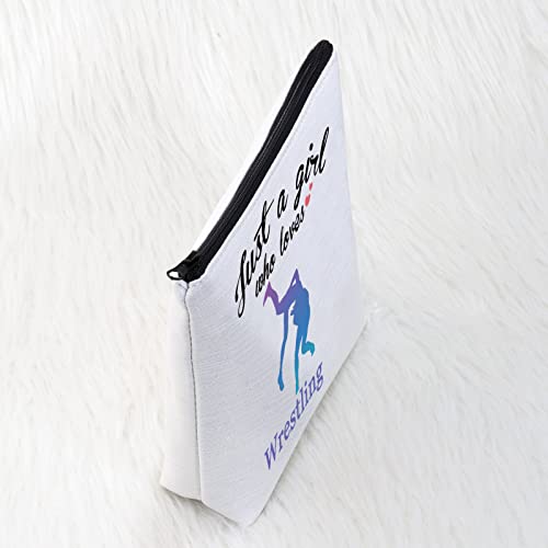 CMNIM Wrestler Girl Gifts - Just a Girl Who Loves Wrestling Makeup Cosmetics Bag, Inspirational Travel Zipper Bag for Girls (White)