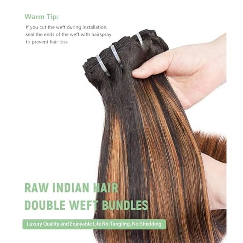 mlip Raw Bundles Human Hair Straight, No Tangle Shedding, Keep Texture Silky Soft After Multiple Washes, 15A Raw Indian Hair Bundles 20 Inches, Brown Highlight Bundles