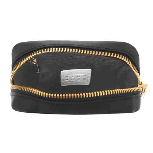 BLOC Bags Travel Makeup Bag, Cosmetic Bags for Women, Mini Makeup Bag, Cute Toiletry Bag, Beauty Bag with Chenille Patch, with Inside Zipper Pouch and Mesh Pockets (Lipstick, Black)