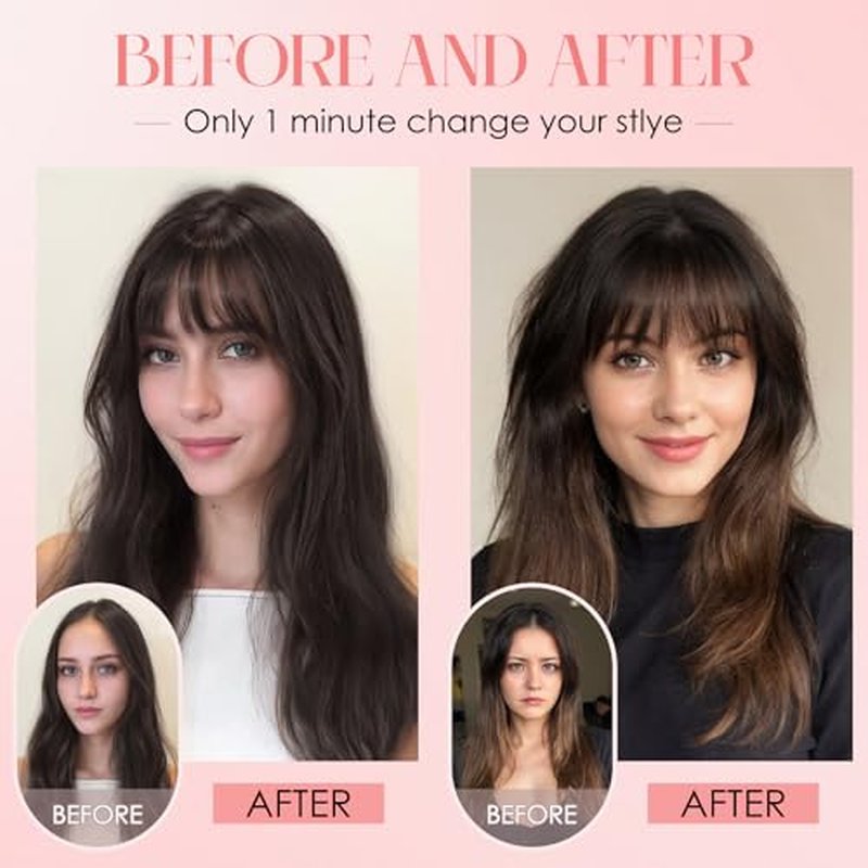 S-noilite Hair Toppers for Women with Bangs Real Human Hair 360¡Æ 3D Cover Clip in Bangs 2X6 Coverage Clip in Hairpiece for Women with Thinning Hairline 14Inch (Medium Brown/Dark Blonde)