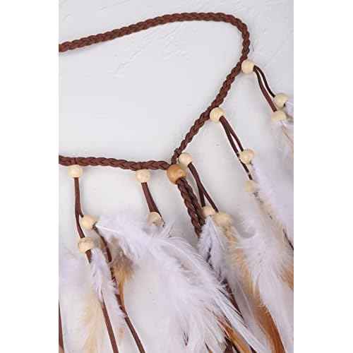 Jumwrit Bohemian Feather Headband Indian Gypsy Headpiece with White and Brown Feather Tassel Adjustable Braided Rope Beaded Hairband Hippie Accessories for Women and Girls