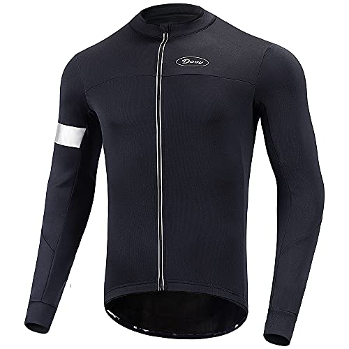 Dooy Men's Cycling Bike Jersey Winter Thermal Biking Shirt Long Sleeve Bicycle Jacket with Full Zipper and Rear Pockets(Black,XL)