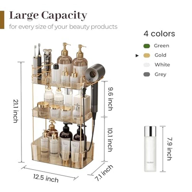 Aveniee Bathroom Counter Organizer,3 Tier Skincare Perfume Countertop Storage with Hair Dryer Rack and Toothbrush Holder, Cosmetic Makeup Tray for Vanity - Gold