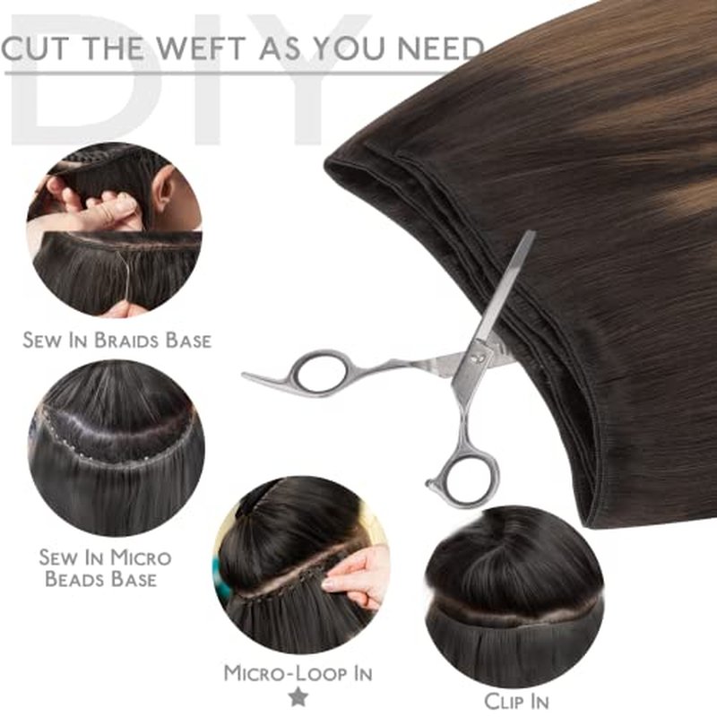 WENNALIFE Sew in Hair Extensions Real Human Hair, 22 Inch 110g Balayage Dark Brown to Chestnut Brown Machine Weft Remy Hair Hand Tied Weft Straight Extensiones De Cabello Hmano