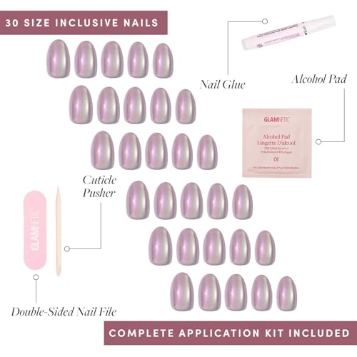 Glamnetic Press On Nails - Oyster | Short Oval Cat Eye Fake Nails with a Velvet Pearlescent Finish, Salon Quality Summer Nails | 15 Sizes - 30 Nail Kit with Glue