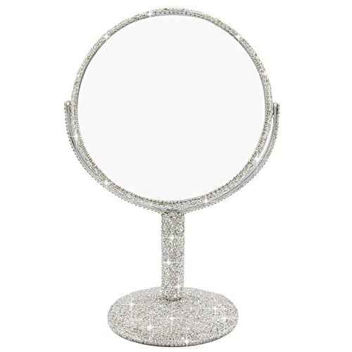 Bling Rhinestone Portable Magnified Double Sided Swivel Makeup Vanity Mirror, 360¡ÆRotate Makeup Mirror Round Shaped Two-Sided Makeup Mirror (Silver)