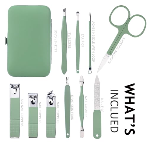 Manicure Set 10 in 1 Stainless Steel, Nail Clippers Scissors Pedicure Tools Kit - Portable Travel Grooming Kit for Men and Women with Leather Case (Jade Green)