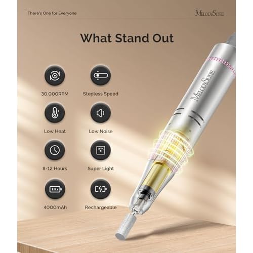 MelodySusie Portable Nail Drill 30000 RPM, SC320F Professional Rechargeable Electric Cordless Nail File for Acrylic Nails Gel Polishing Removing, Efile Nail Kit for Manicure Salon Home, Rose