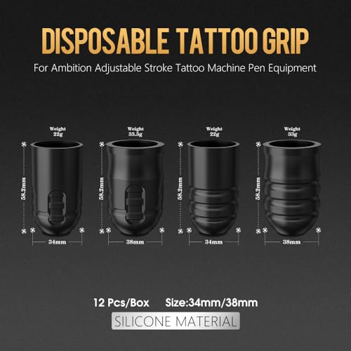 Ambition Mars-U P1 Disposable Tattoo Grips - 12Pcs 38MM Professional Tattoo Rubber Grip Cover with Click Adjust System Supply for Rotary Mars-U, Seher & Paco Tattoo Pen Machine Gun