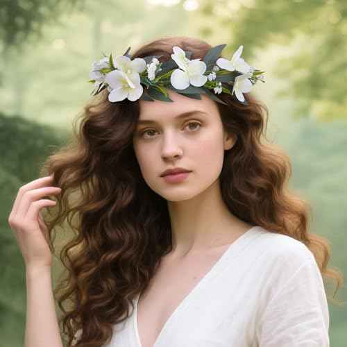 White Flower Crown Headband, Artificial Fairy Flower Headband with Green Leaf, Bridal Boho Floral Headpiece for Women Girls Maternity Birthday Wedding Festival Renaissance Hair Accessory
