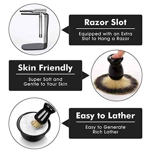 Mens Shaving Brush and Bowl Set, 3 in 1 Shaving Brush Set for Men with Shave Brush Bowl ABS Stand with Razor Slot, Perfect Father's Day Men Gift Set for Wet Shaving Experience - Black