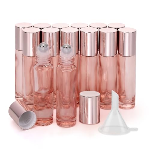 Kesell 14-Pack 10ml Glass Roller Bottles for Essential Oils - Travel- Refillable Perfume Bottles with Stainless Steel Roller Balls, Caps - Funnel for Aromatherapy, Perfumes