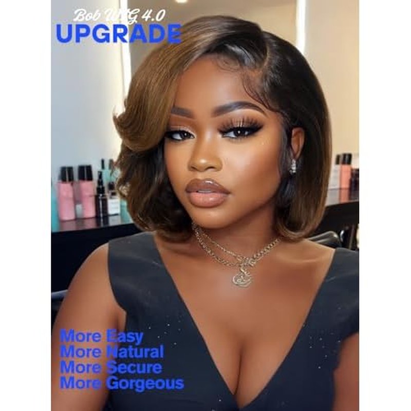 Nadula Glueless Bye Bye Knots Short Bob Drawstring Wig human Hair with Blow Out Bangs, Black to Chestnut Brown Ombre Pre Cut 7X5 HD Lace Front Wigs Pre Plucked Bleached Knots Ready to Wear 12inch