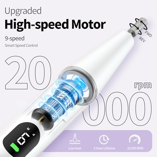 Electric Nail Drill Kit Professional - 9 Speed Cordless Electric Nail File with LED Display, Portable Nail Drill Machine for Acrylic Gel Nails, Hand Feet Trimmer Buffer Tool for Women Men Baby White
