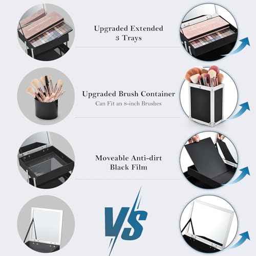 FRENESSA Makeup Train Case Makeup Box 11.8 Inch Large Makeup Case Organizer 3 Trays with Mirror Locking Cosmetic Storage Box for Cosmetics Nail Supplies Sewing Travel Case Black Floral