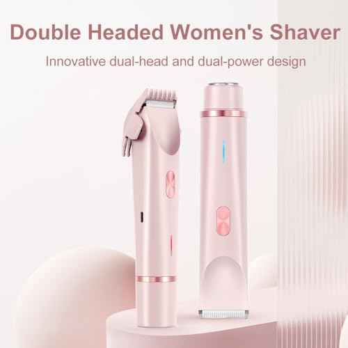 Women's Electric Shaver Bikini Trimmer for Women Razors 2-in-1 Dual Head Design IPX7 Waterproof Wet & Dry Use Body Groomer Hair Trimmer Remover for Facial Underarm Arm Face Leg Bikini (Pink)