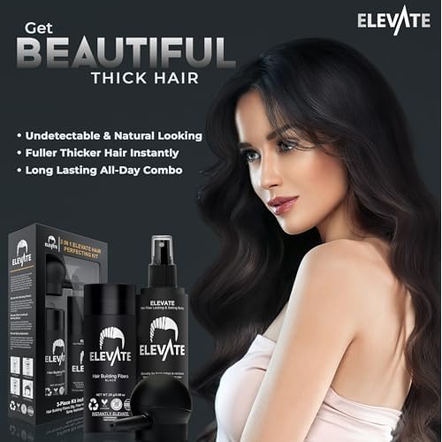 ELEVATE Hair Perfecting 3-in-1 Kit Set Includes Natural Hair Thickening Fibers & Spray Applicator Pump Nozzle & Locking Setting Hold Spray | Instantly Conceal Balding and Thinning Areas (Black)