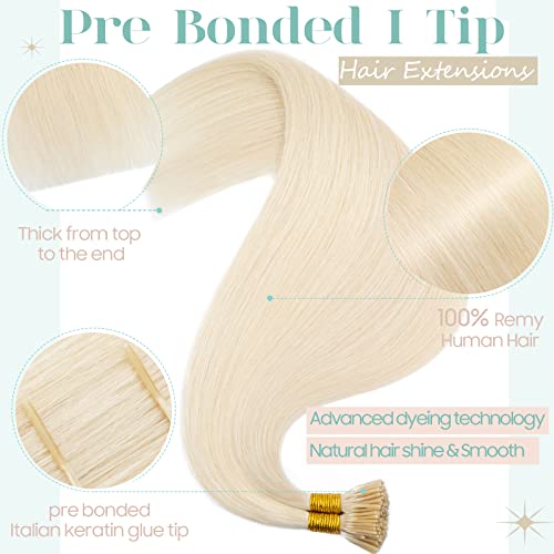 S-noilite Pre bonded I Tip Hair Extensions Human Hair Cold Fusion Stick Tip Real Human Hair Piece Invisible Keratin Glue Hair Extensions Full Head 100 Strands 50g 16 Inch (#60 Platinum Blonde)