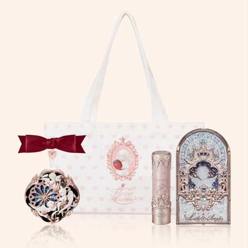 Flower Knows Little Angel 5-Piece Makeup Set,Matte Lipstick(C04) + Cream Blush(04) + Eyeshadow(01) + Canvas Tote Bag + Hair Clip,Gift for Girls & Women